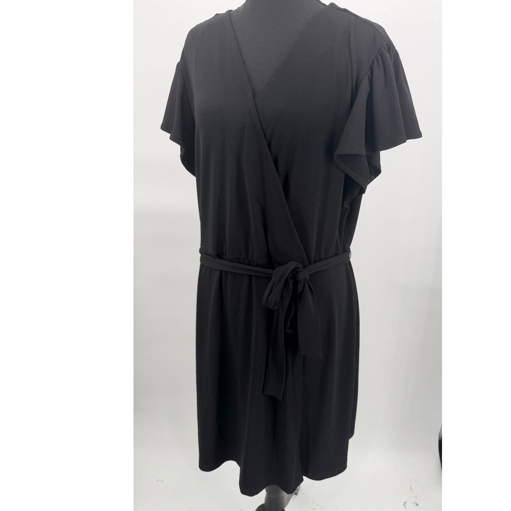 Nine West Faux Wrap Dress Women XXL Black Excellent Flutter Sleeve V-Neck Belted